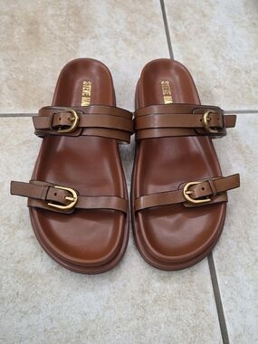 Steve Madden Brown Double Buckle Leather Slide Sandals